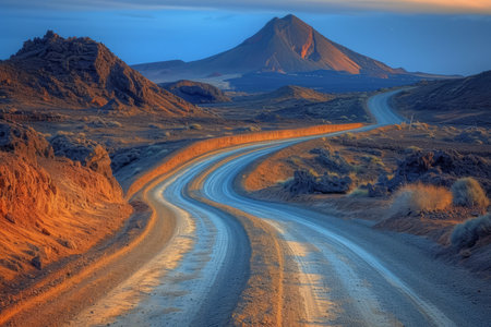 Sunset over a dirt road in the middle of a volcanic landscapeの素材