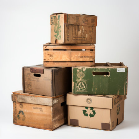 Vintage wooden and cardboard boxes stacked upの素材