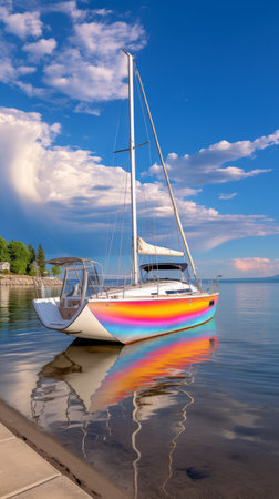 A sailboat with a rainbow-colored hull is anchored in a calm lake with a beautiful blue sky and white clouds in the backgroundの素材