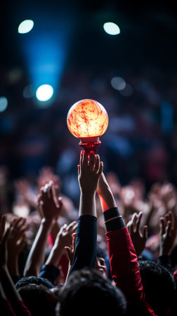 Hand holding a glowing orb above a crowd of peopleの素材