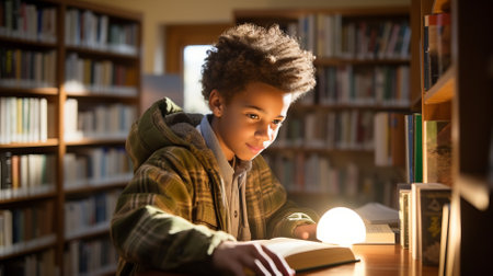 A young boy is reading a book in a libraryの素材