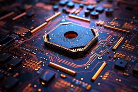 A close-up of a computer circuit board with an orange processor chip in the center.の素材