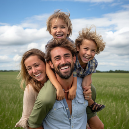 Happy family of four in a field of wheatの素材
