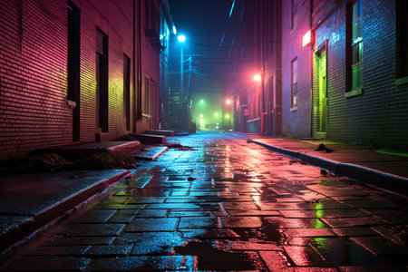 A dark and empty alleyway with colorful lights reflecting off the wet pavementの素材