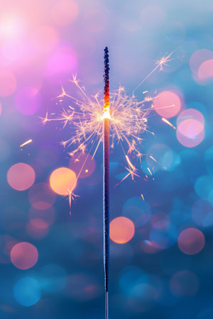 Single lit sparkler against blurred background with bokeh lightsの素材