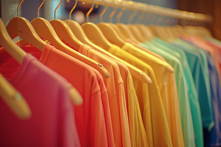 Clothes are arranged by color on hangers in a store.の素材