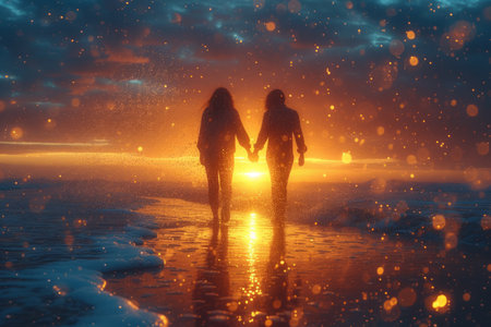 Two people walking on a beach holding hands with a beautiful sunset in the backgroundの素材