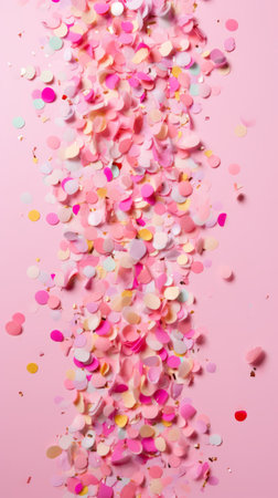 Pink and gold confetti falling on a pink backgroundの素材