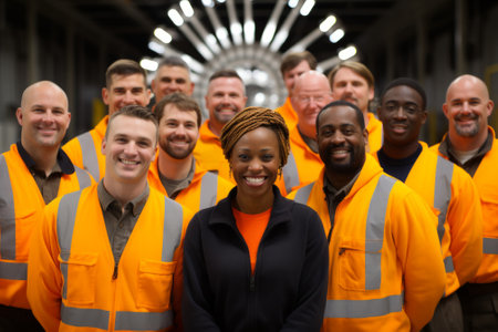 Group of diverse employees wearing orange vests and smiling at the cameraの素材