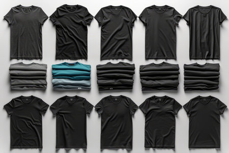 Black t-shirts folded on a white backgroundの素材