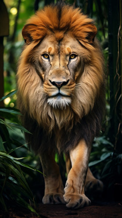 Close-up of a male lion walking in the jungle