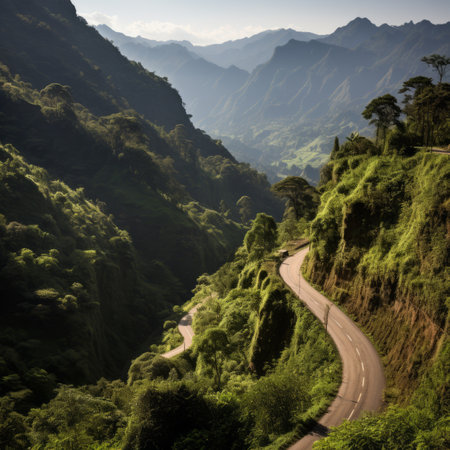A road winds through a lush green valley with mountains in the distanceの素材