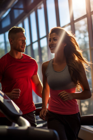 Couple running on a treadmill in a gymの素材