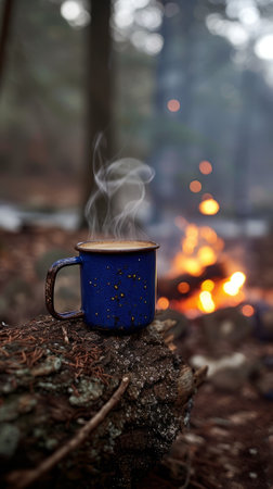 Blue Mug on Wood with Fire in Backgroundの素材