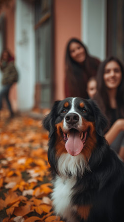 Bernese Mountain Dog with friends in the backgroundの素材