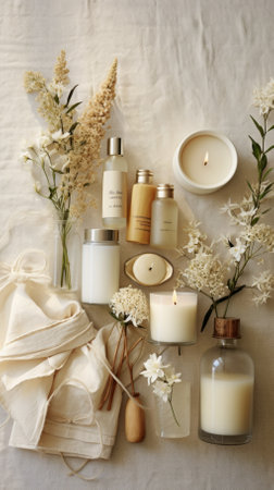 Bath and body products displayed with flowersの素材