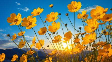 Field of yellow flowers with mountains in the distanceの素材