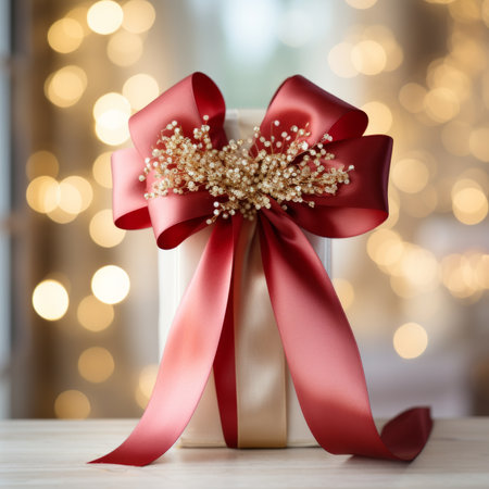 Red and gold gift box with a large bowの素材