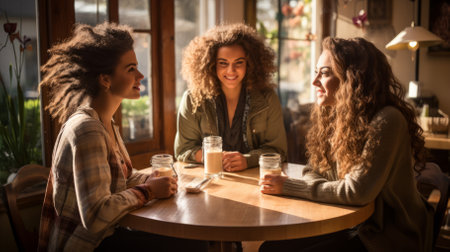 Three young women of African descent are sitting around a table in a cafe, talking and laughing.の素材