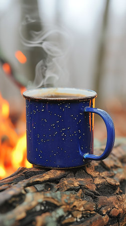 Blue enamel mug on a log with a campfire in the backgroundの素材