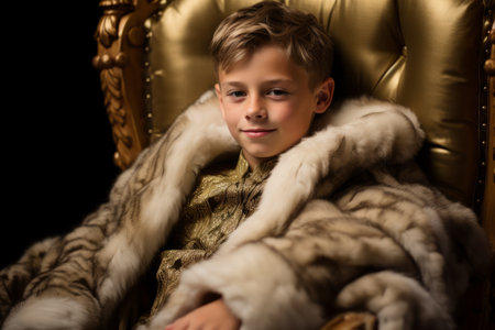 Portrait of a young boy in a fur coat and gold chairの素材