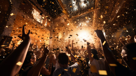 Crowd of People Celebrating New Years Eve with Confetti Fallingの素材