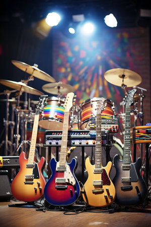 Four guitars and a drum set on a stage with colorful lights in the backgroundの素材