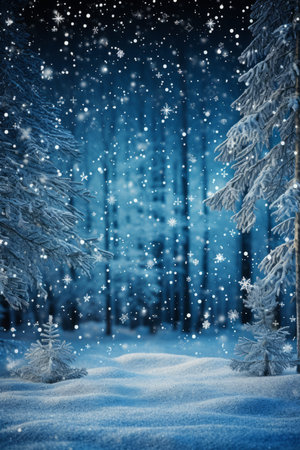 A winter wonderland of snow covered pine trees and twinkling snowflakesの素材