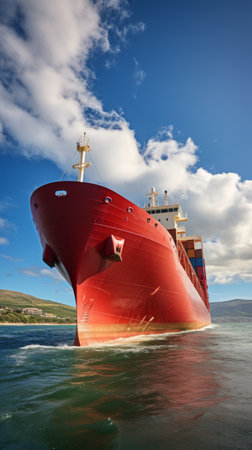 A large red cargo ship is sailing in the oceanの素材