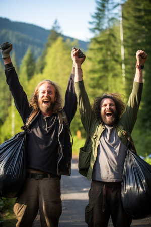 Two men celebrate cleaning up a forestの素材
