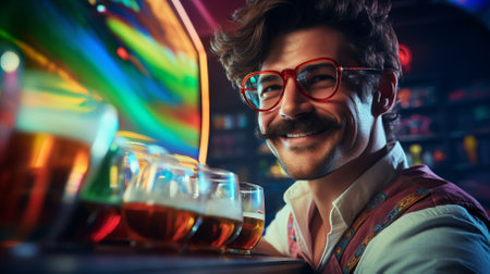 A mustachioed man wearing glasses smiles in front of a colorful backgroundの素材
