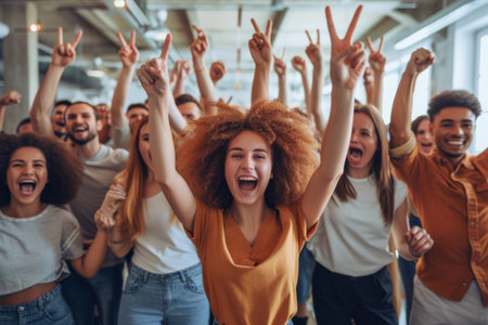 Group of diverse young people celebrating and cheering together with raised arms and bright smiles in casual clothingの素材