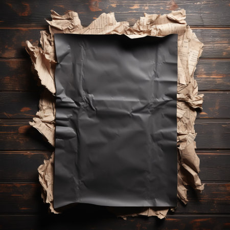 Black paper on a wooden table with crumpled newspaperの素材