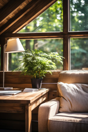 A cozy reading nook with a view of the forestの素材