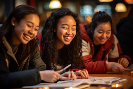 Three young women of Asian descent are sitting at a table in a restaurant looking at a menu and laughing.の素材