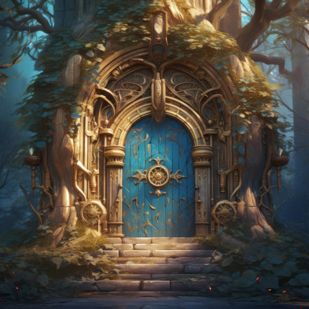 Fantasy Illustration of a Magical Doorway in a Tree Trunkの素材