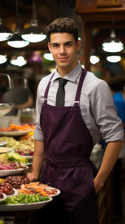 Portrait of a young male waiter in a restaurantの素材