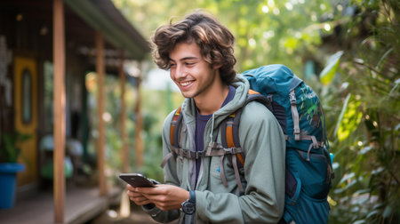 Young man smiling while looking at his phone in a jungleの素材