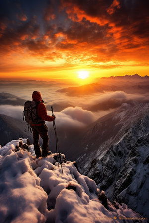 A lone hiker stands on a summit and gazes at the setting sun over a sea of cloudsの素材
