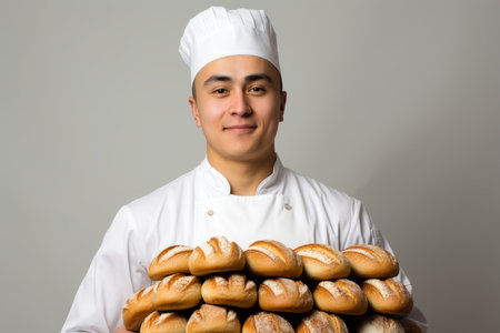 Baker proudly holding a large stack of breadの素材