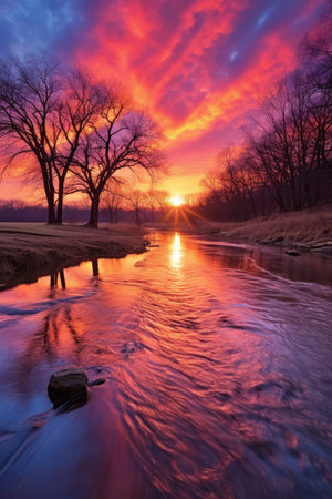 Sunset over a river in the countryside with vibrant colorsの素材
