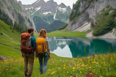 Couple admiring a mountain lake in Switzerlandの素材