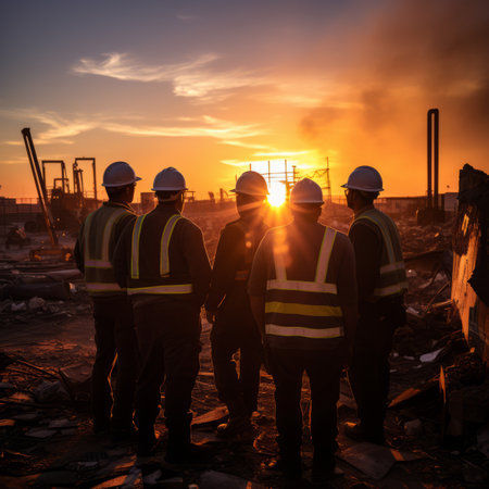 Construction workers watch the sunset over the cityの素材