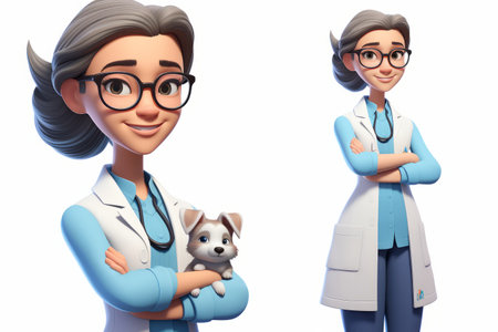 A cartoon illustration of a female veterinarian with brown hair and glasses, wearing a lab coat and stethoscope, holding a small puppy in her armsの素材