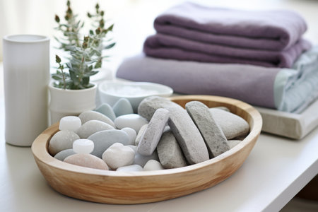 Spa stones and towels on tableの素材