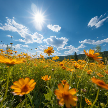Field of yellow flowers under blue sky and white cloudsの素材