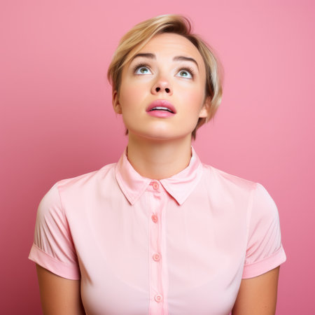 A blonde woman in a pink shirt looks up in surpriseの素材