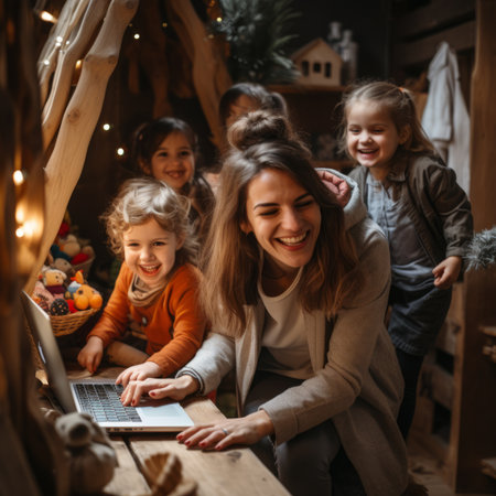 A mother is working on her laptop while her four daughters are playing around her.の素材