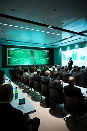 Business conference presentation with a large screen in the backgroundの素材