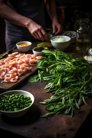Cooking ingredients on a wooden tableの素材